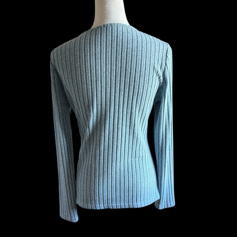 Pale Blue Ribbed Wrap Top with Button Runching - Picture 4 of 13